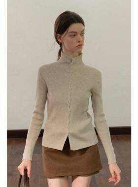 EGGKA立领交叉扭结排扣设计修身针织衫秋冬气质显瘦简约休闲上衣