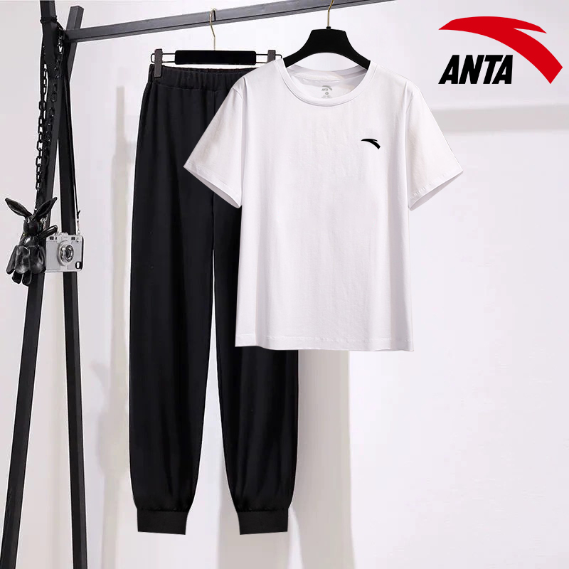 安踏百搭休闲运动套装女白色速干短袖跑步长裤学生夏季大码两件套