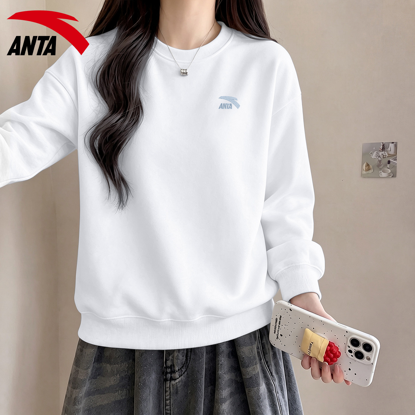 安踏白色卫衣女宽松简约百搭套头通勤2026秋季新款学生运动打底衫