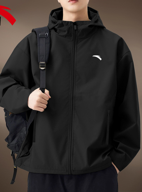 安踏青少年外套男休闲黑色连帽加绒2025冬季新款保暖防风风衣夹克