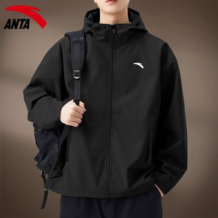 安踏青少年外套男休闲黑色连帽加绒2025冬季新款保暖防风风衣夹克
