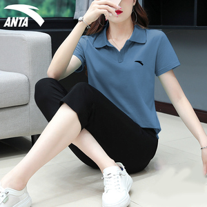 安踏休闲套装女士翻领短袖七分裤透气时尚2024春季新款正品运动服