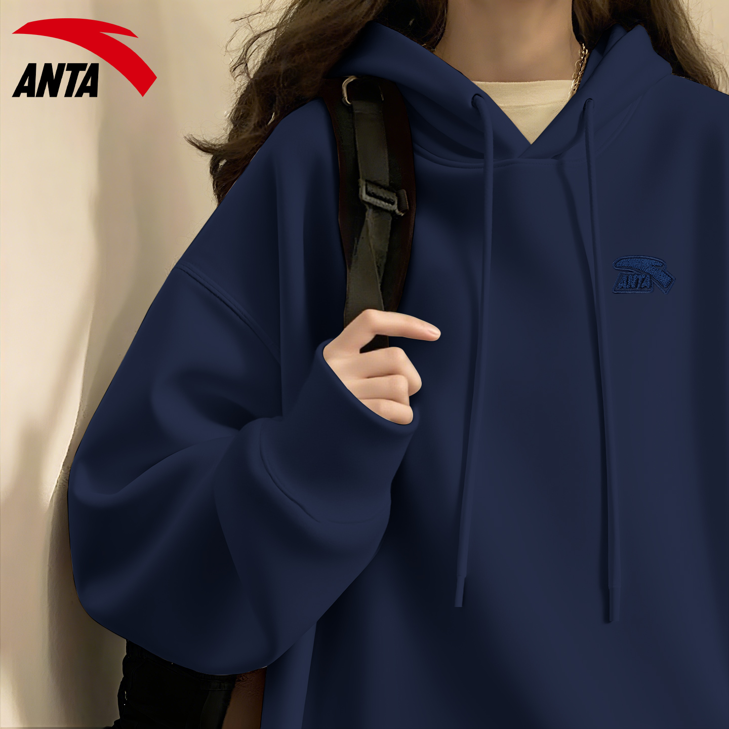 安踏卫衣女学生连帽藏青韩系