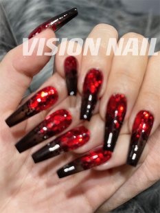 VISION NAIL猩红玛丽黑红亮片渐变美甲贴片成品可拆卸手工穿戴甲