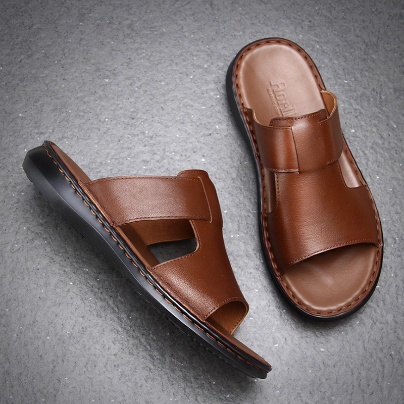 真皮防臭手工缝线男士皮拖鞋