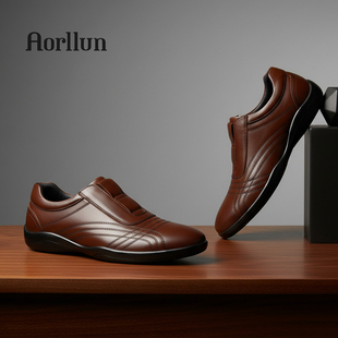男士皮鞋真皮2025秋一脚蹬软面皮软底正品高档气质棕色商务休闲鞋
