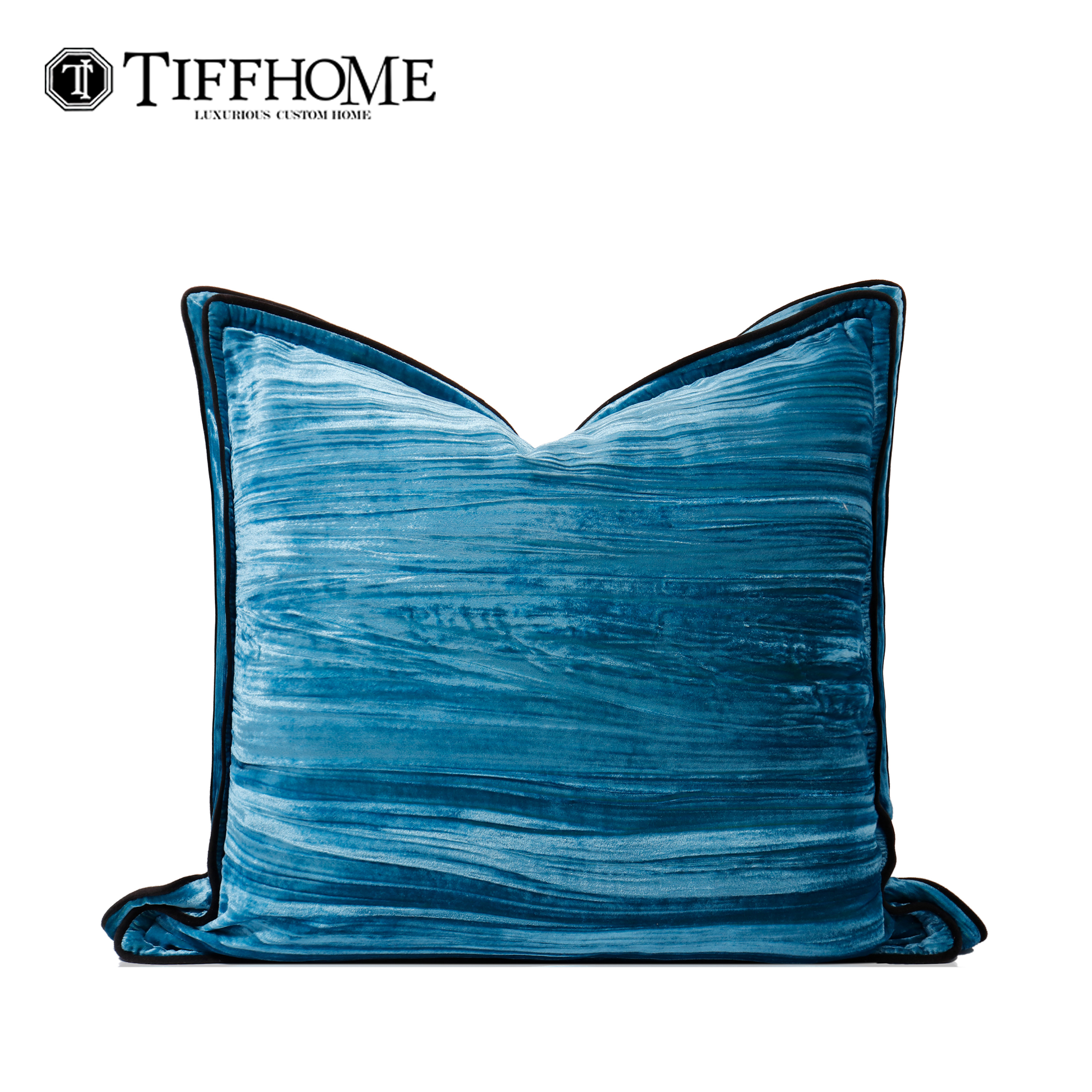 丝绒孔雀蓝双飞边褶皱抱枕靠枕套
