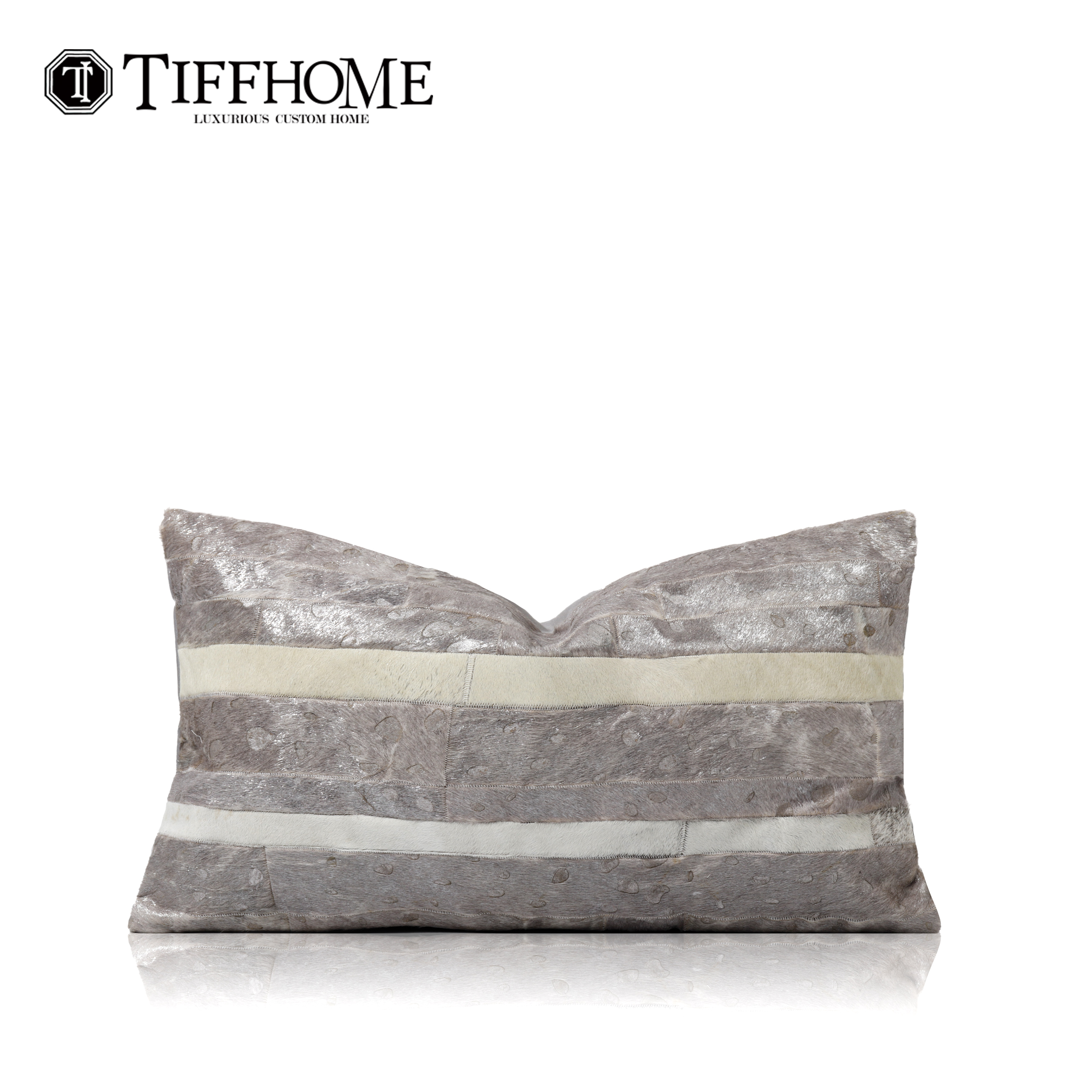 蒂芙家居轻奢高端现代简约银色马毛拼接靠垫抱枕样板房沙发腰枕套