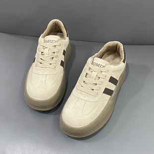 鞋 工厂尾货 保暖运动板鞋 复古时尚 女 真皮加绒圆头拼色厚底德训鞋