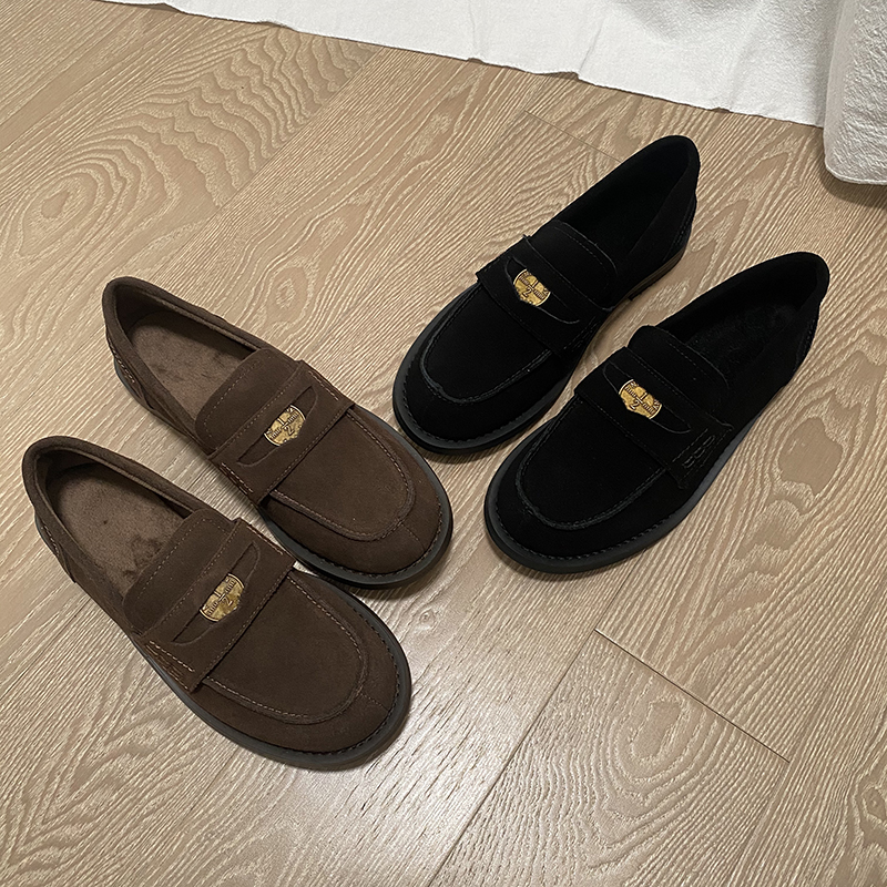 2025冬季女鞋加绒保暖乐福鞋薄绒单鞋时尚英伦一脚蹬小皮鞋反绒皮