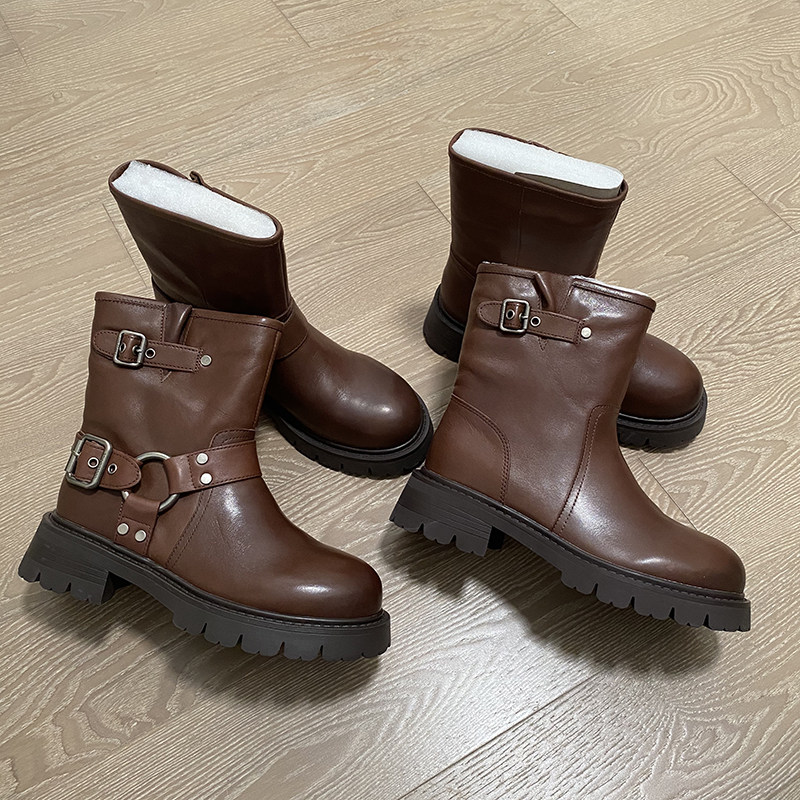 撤柜清仓捡漏~尾货数量不多 真皮机车马丁靴棕色粗跟时尚女靴冬季