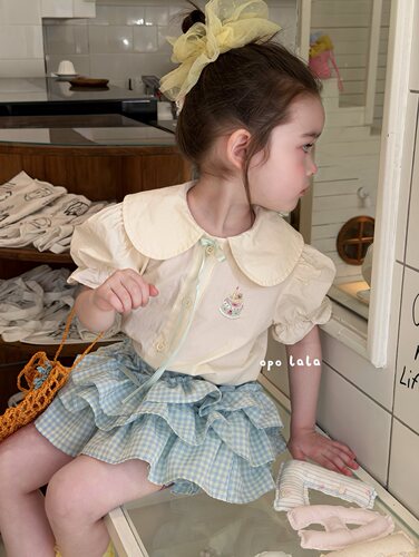 opolala正品90-130女童26夏韩版可爱娃娃领短袖上衣衬衫格子裙裤