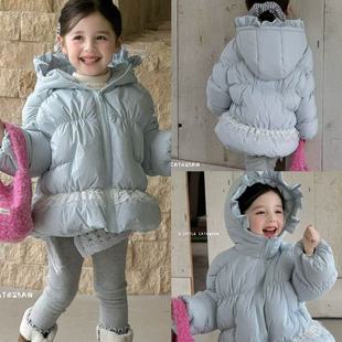 150女童25冬时尚 110 Cat 可爱洋气百搭浅蓝色连帽羽绒服 Little