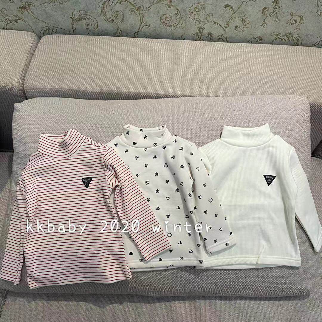 kkbaby韩国童装原单20秋冬男童女童纯棉加绒条纹百搭半高领打底衫