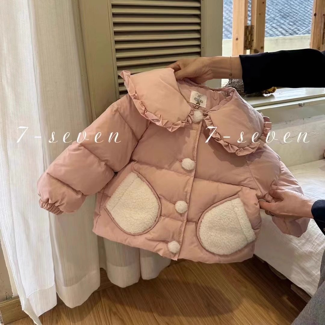 90-130女童粉色翻领羽绒服