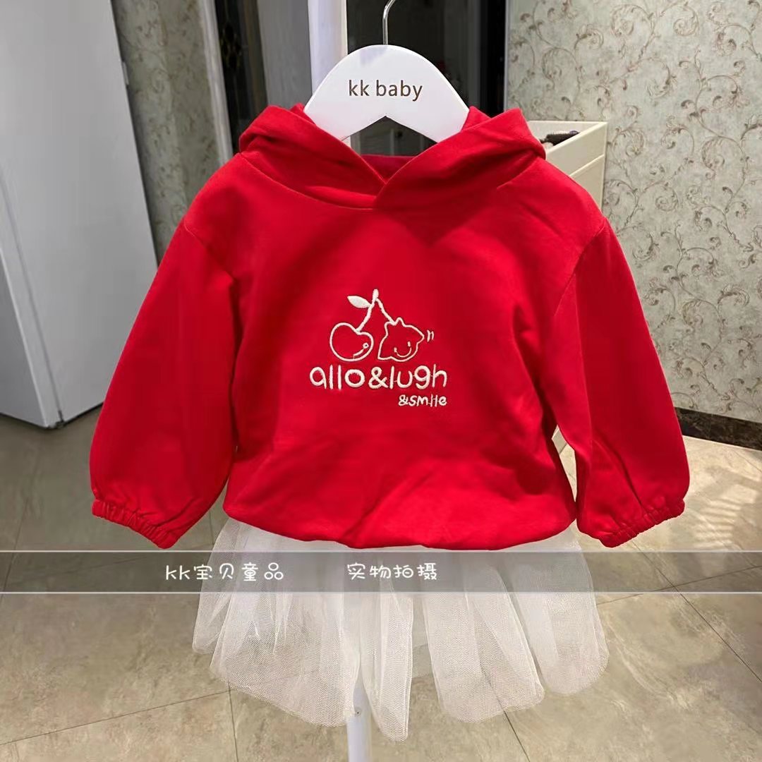 kkbaby 韩国童装原单20年春新款女童纯棉红色圆领卫衣连衣裙套装