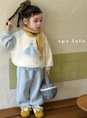 opolala25秋冬90-130女童洋气可爱时尚休闲加绒运动卫衣卫裤套装