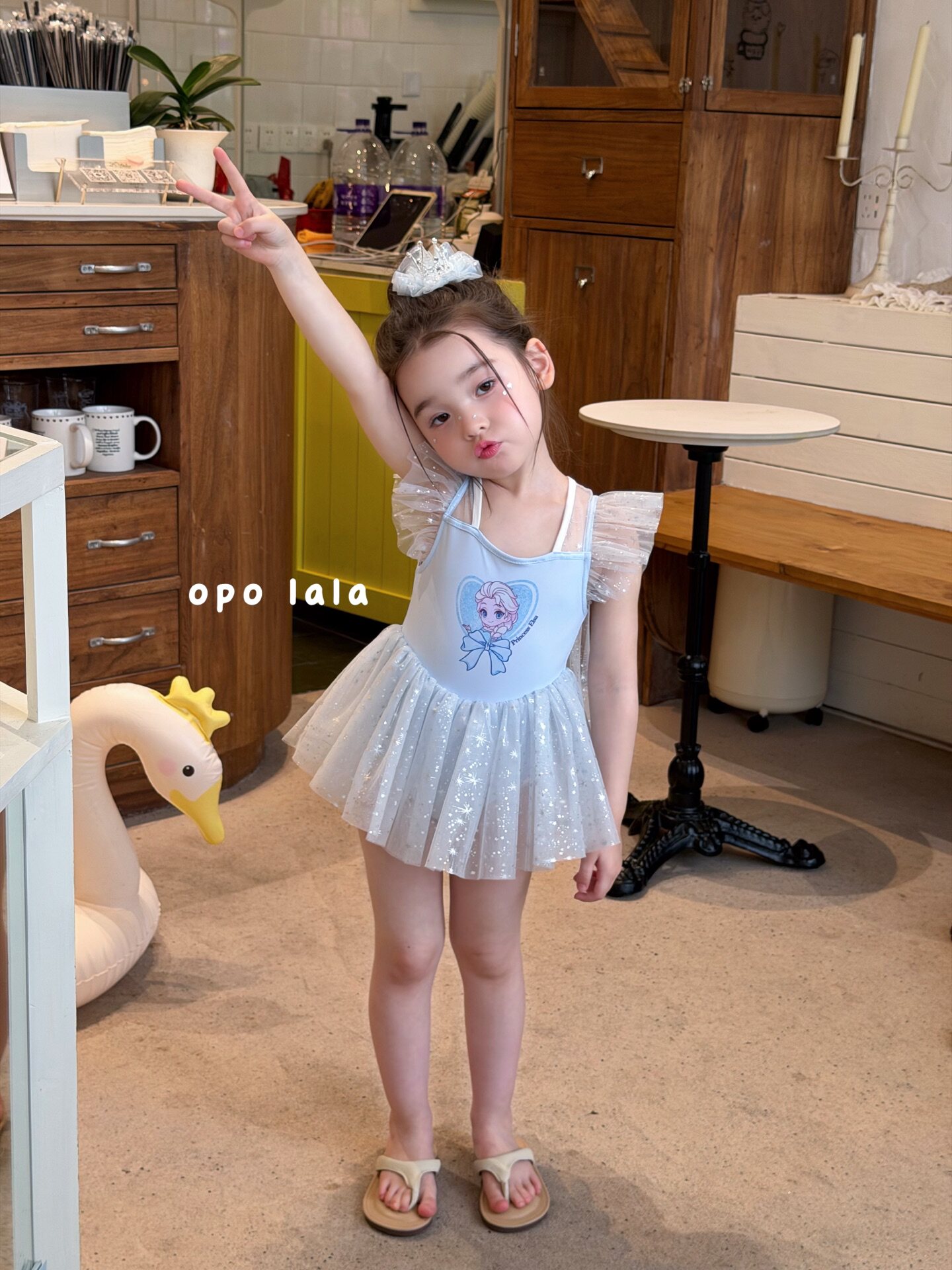 opolala正品90-130女童26夏韩版可爱浅蓝色爱莎公主连体游泳衣