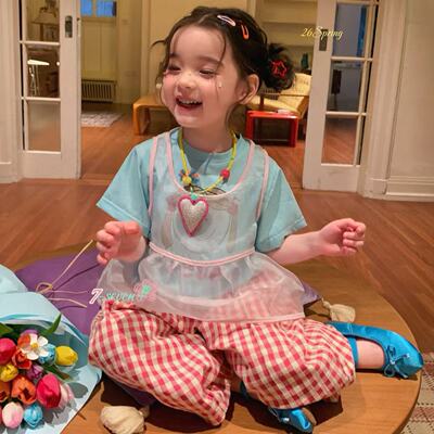 90-130女童短袖连件套格子裤