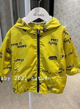 kkbaby韩国童装21秋男宝宝洋气时尚可爱黄色拉链印花休闲连帽外套