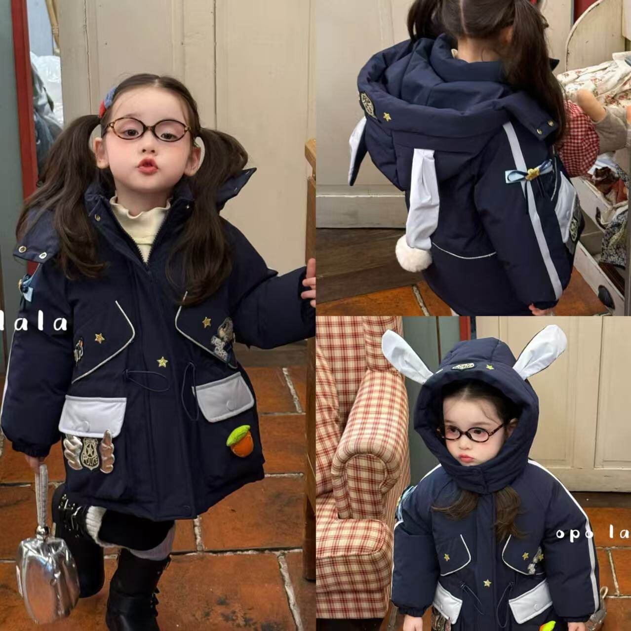 opolala25冬90-130女童小中童洋气可爱韩版百搭兔子警官连帽棉服