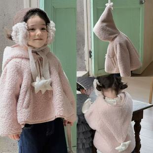 百搭粉色毛绒连帽外套加绒牛仔裤 时尚 130女童25秋7seven韩版