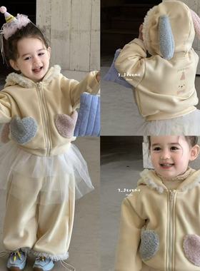 90-130女童25秋7seven韩版洋气可爱舒适黄色加绒连帽外套卫裤套装