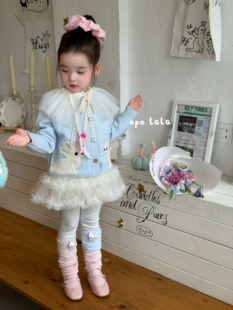 90-130小童女童2026秋季新款蓝色兔子毛衣针织开衫外套灰色打底裤