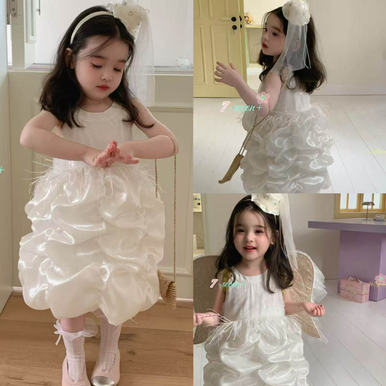 7seven26夏90-130女童韩版洋气时尚可爱缎面短袖蛋糕连衣裙礼服裙