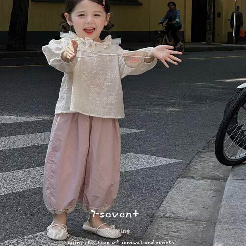 90-130女童蕾丝边粉色九分灯笼裤