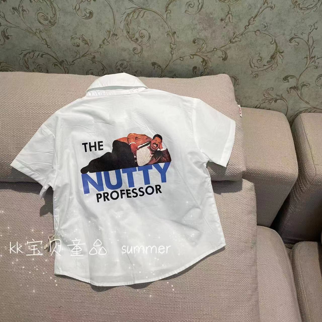 90-130男童印花白色短袖衬衫