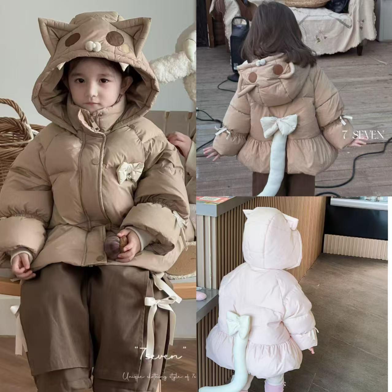 90-130女童24冬小中童洋气可爱时尚柔软卡通长尾巴小猫连帽羽绒服