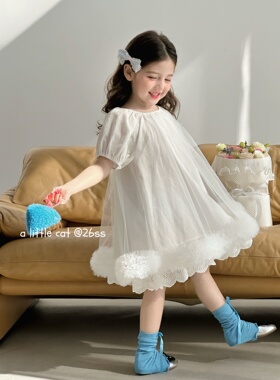 小猫集邮册110-150女童26夏网纱飞袖连衣裙生日礼服公主纱纱裙