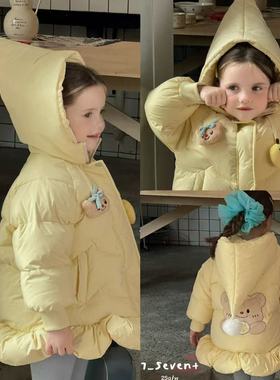 90-130女童25冬7seven小中童韩版洋气可爱黄色小熊连帽羽绒服