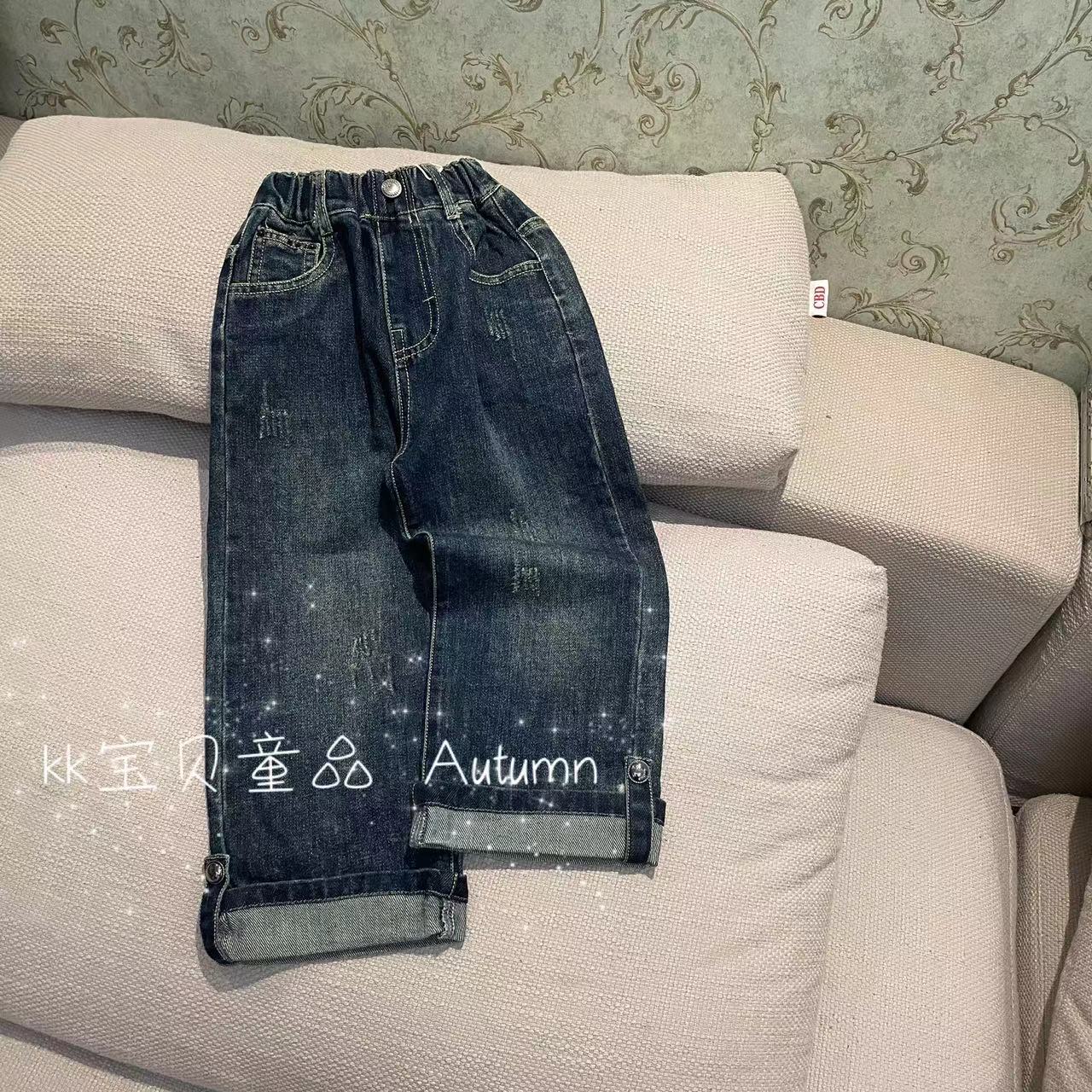 110-150女童直筒翻边牛仔裤