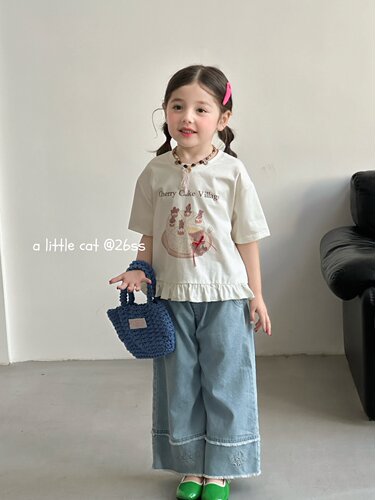 小猫集邮册110-150女童26夏韩版洋气可爱蛋糕短袖上衣t恤衫牛仔裤
