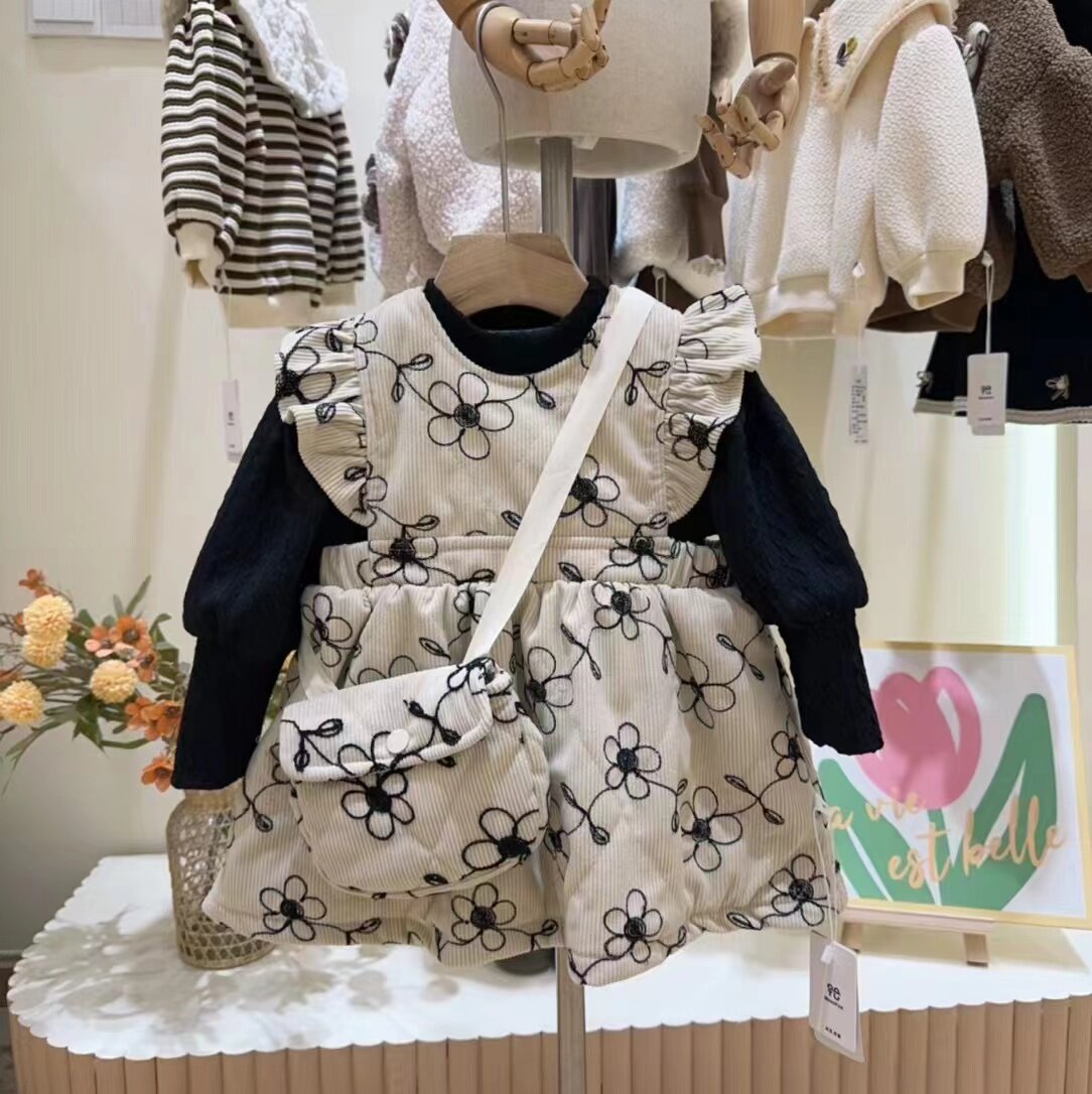 80-120小中童23冬女童洋气可爱时尚加绒打底衫夹棉提花背心裙套装