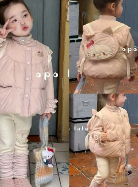 opolala25冬90-130女童小中童洋气可爱时尚粉色打底衫猫咪马甲