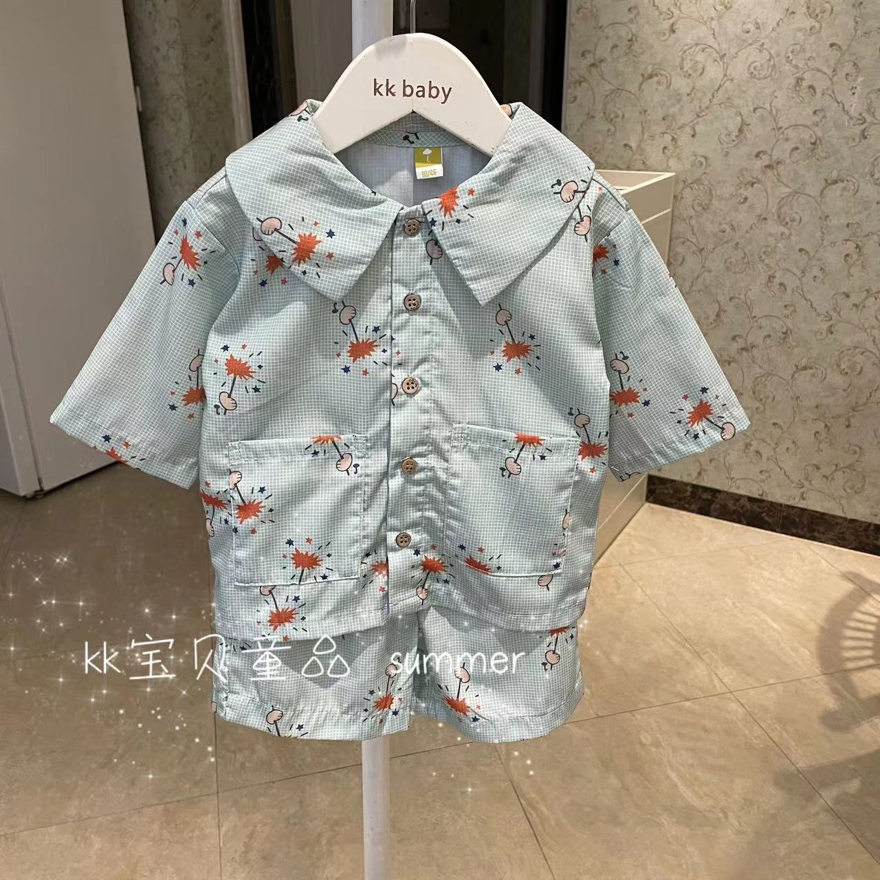 90-130男童印花短袖短裤套装