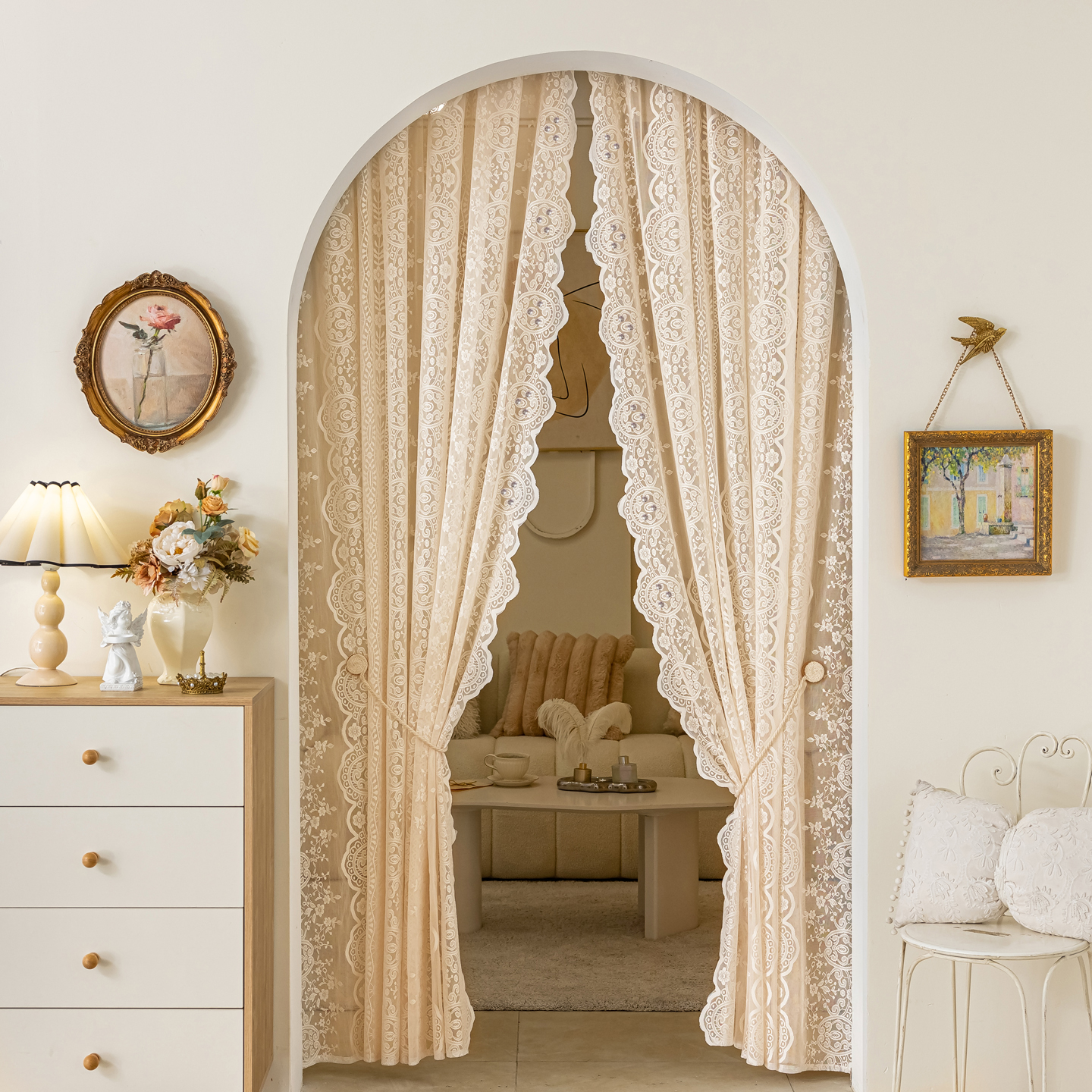 法式蕾丝纱帘透光不透人免打孔伸缩杆门帘隔断阳台过道隐私遮挡帘