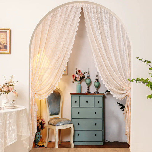 法式蕾丝纱帘透光不透人免打孔伸缩杆门帘隔断阳台过道隐私遮挡帘