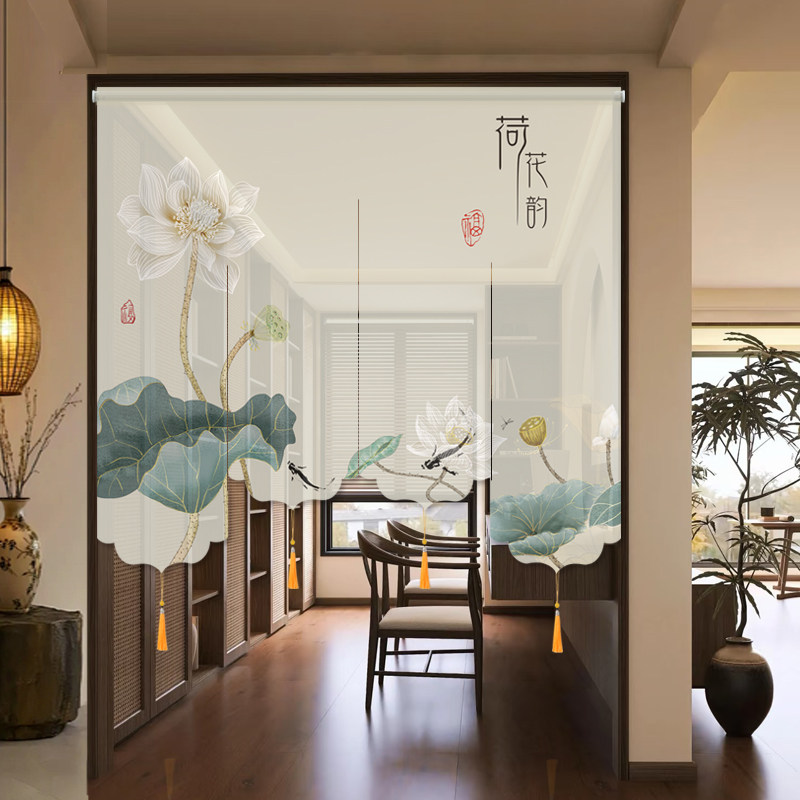 挂式屏风卷帘荷花免打孔新中式玄关国风门帘茶室书房餐厅软隔断,居家布艺,门帘,淘宝优惠券,粉丝福利购,淘宝优惠卷