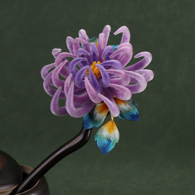 秋季新款汉服紫色非遗绒花菊花发簪头饰简约国风丸子头盘发头饰