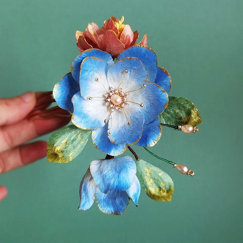 非遗手工绒花双色蚕丝牡丹发梳汉服配饰簪花插梳古风传统宫廷头饰