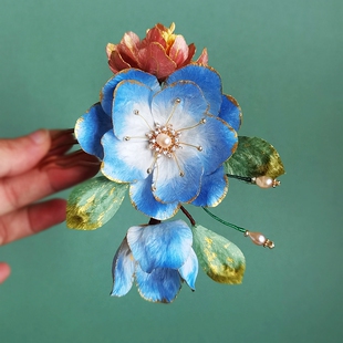 非遗手工绒花双色蚕丝牡丹发梳汉服配饰簪花插梳古风传统宫廷头饰