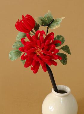 非遗绒花黑檀木发簪纯手工制作菊花发饰红色简约国风旗袍盘发头饰