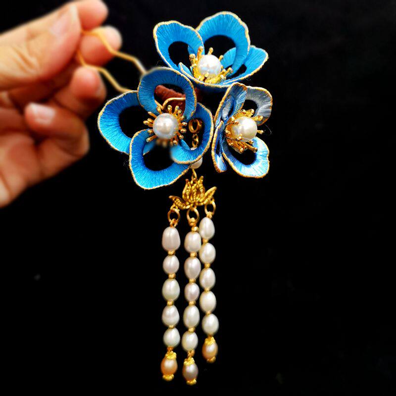 原创古典丝线缠花发簪汉服珍珠流苏头饰日常简单款百搭小花古风