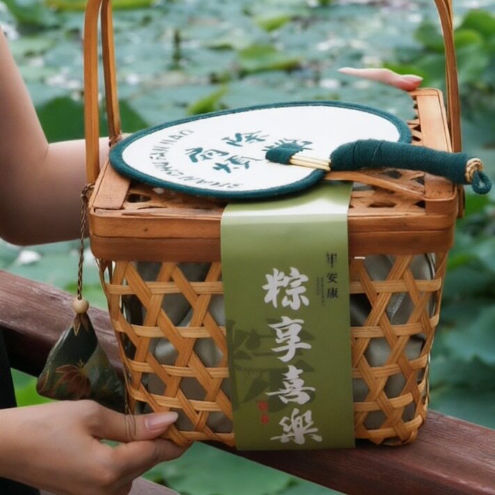 新款端午节粽子茶叶咸鸭蛋烘焙甜点肉粽礼品盒竹编篮包装盒手提篮