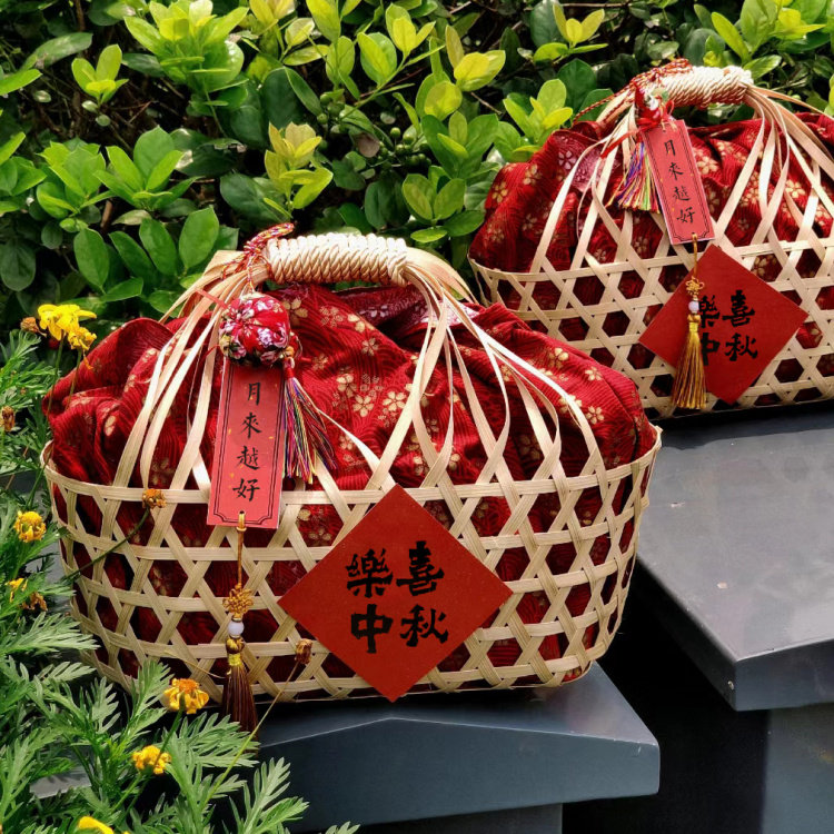 手工编织竹篮木片编茶叶红酒大闸蟹礼篮酒店中秋月饼包装伴手礼盒