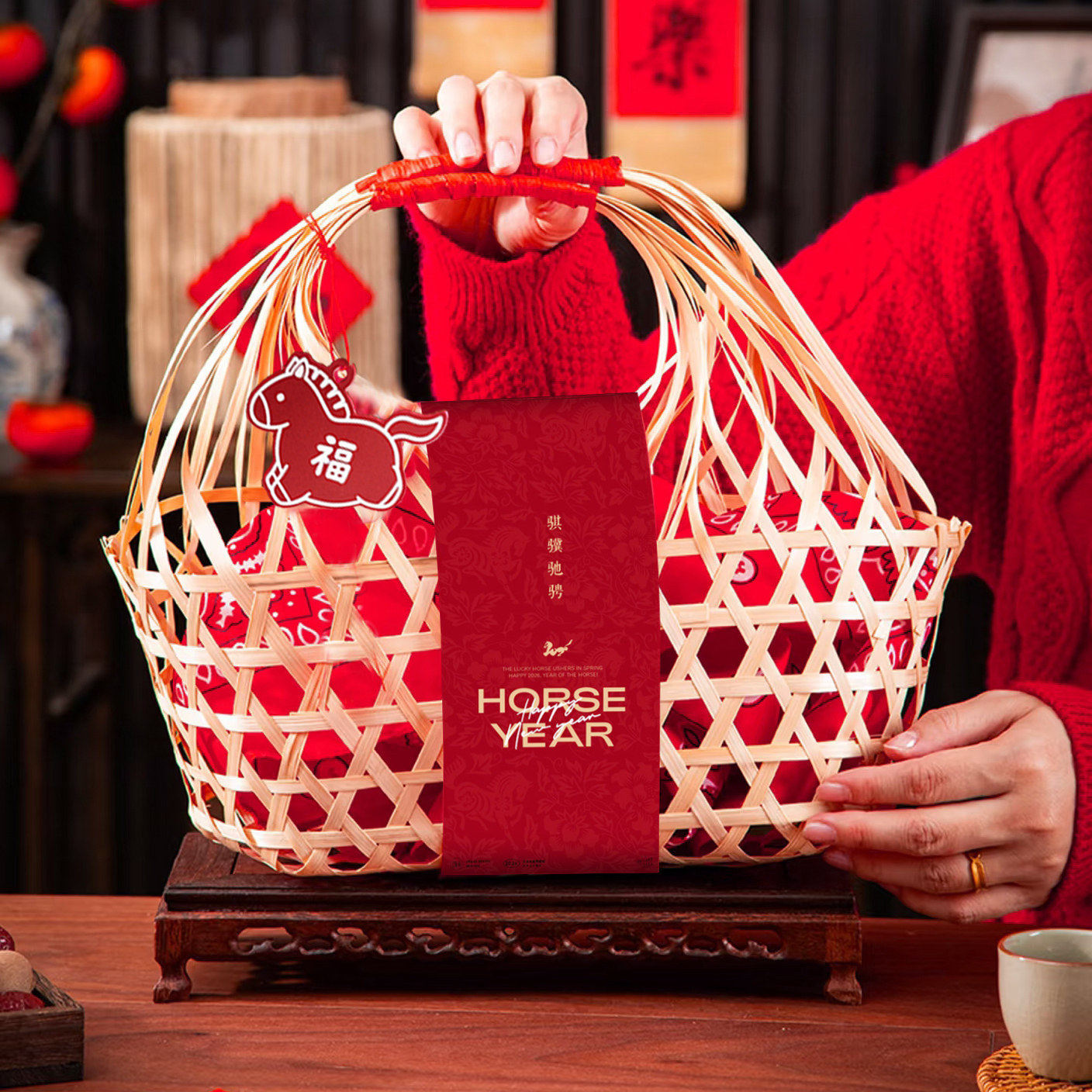 2026新年包装盒马年竹篮礼盒雪花酥年货牛轧糖礼品盒腊肉手提篮子